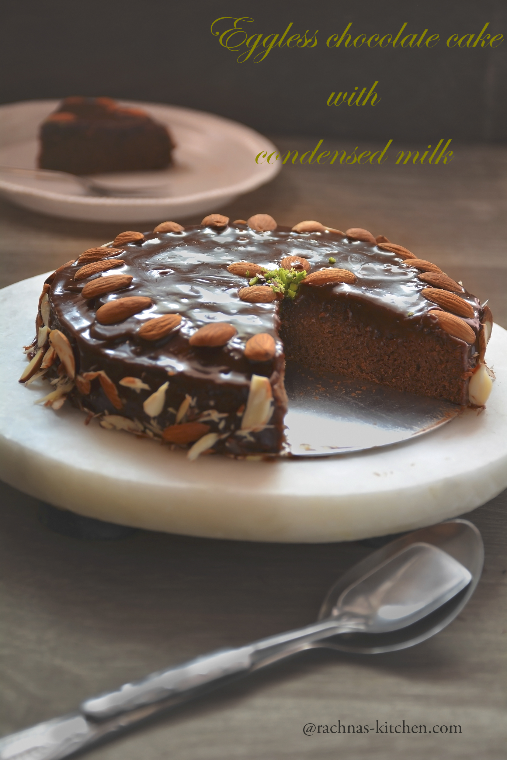 eggless almond chocolate cake with condensed milk