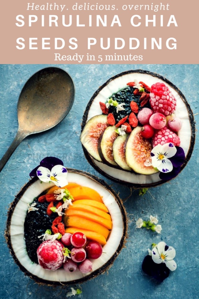 Spirulina Chia seeds pudding in coconut bowl (Vegan)